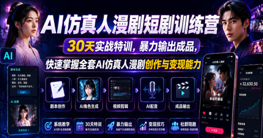 AI仿真人漫剧短剧训练营，30天实战特训，暴力输出成品，快速掌握全套AI仿真人漫剧创作与变现能力-hcnxn