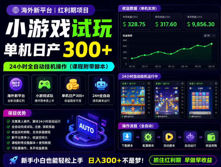海外新平台，小游戏试玩，单机日产300+，24小时全自动挂G操作(课程附带脚本)【揭秘】-hcnxn
