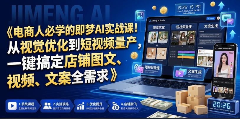 电商人必学的即梦AI实战课！从视觉优化到短视频量产，一键搞定店铺图文、视频、文案全需求-hcnxn