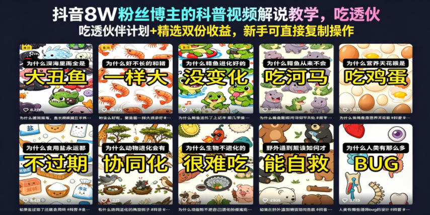 抖音8W粉丝博主的科普视频解说教学，吃透伙伴计划+精选双份收益，新手可直接复制操作-hcnxn