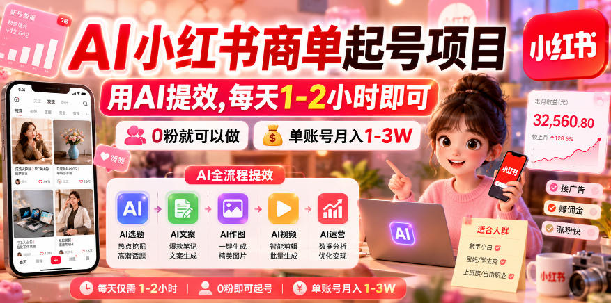 AI小红书商单起号项目，用AI提效,每天1-2小时即可，0粉就可以做，单账号月入1-3W-hcnxn