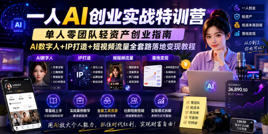 一人AI创业实战特训营，单人零团队轻资产创业指南，AI数字人+IP打造+短视频流量全套路落地变现教程-hcnxn