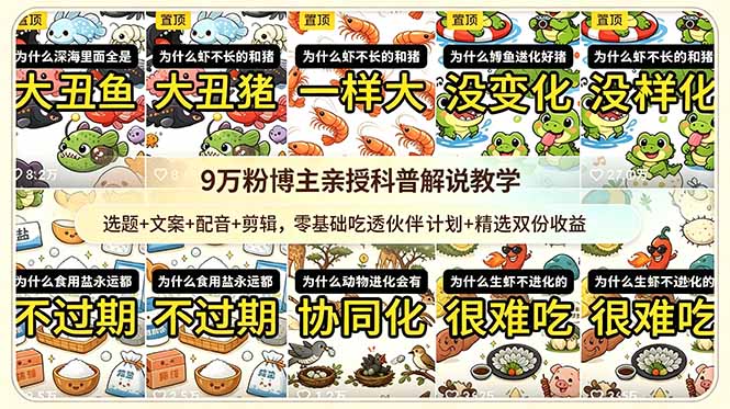 9w粉博主亲授科普解说教学：选题+文案+配音+剪辑，零基础吃透伙伴计划+精选双份收益-hcnxn