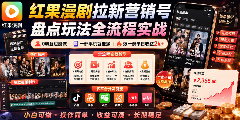 红果漫剧拉新营销号盘点玩法全流程实战，0粉丝也能做，一部手机就能做，爆一条单日收益2k+-hcnxn