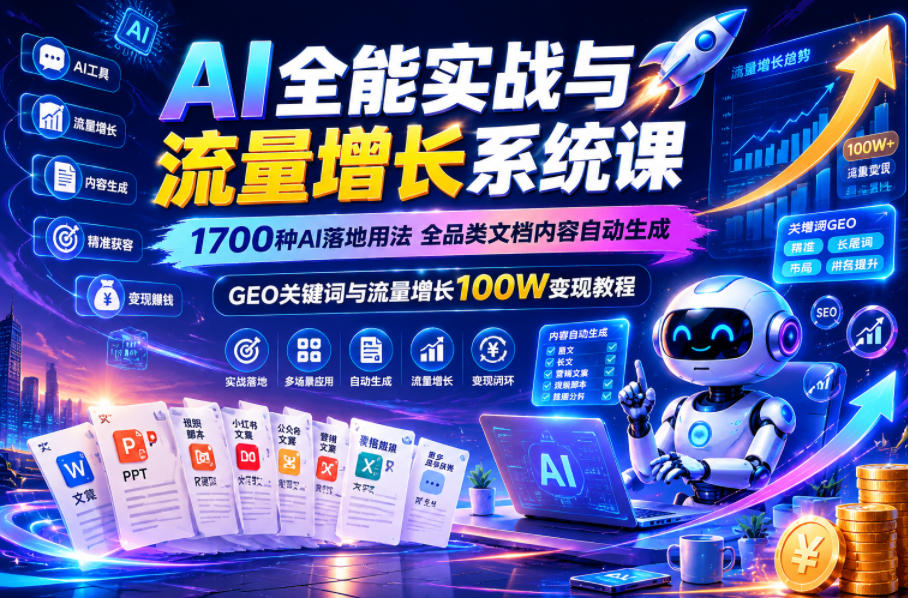 AI全能实战与流量增长系统课，1700种AI落地用法，全品类文档内容自动生成，GEO关键词与流量增长100W变现教程-hcnxn