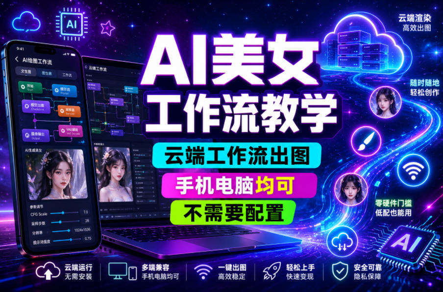 AI美女工作流教学，云端工作流出图，手机电脑均可，不需要配置，快速起号涨粉-hcnxn