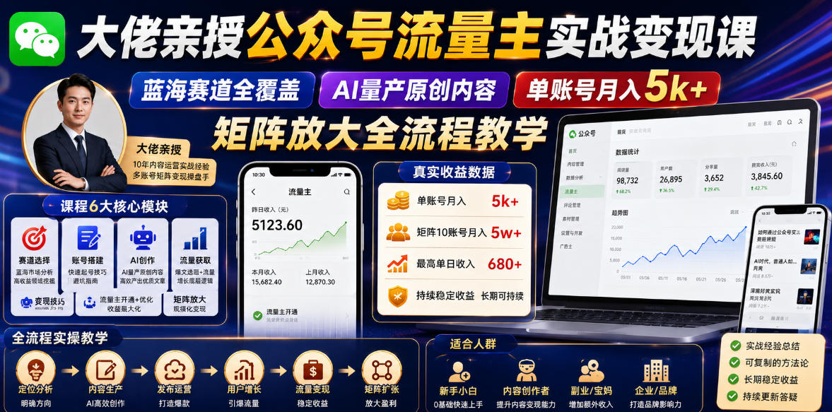 大佬亲授公众号流量主实战变现课，蓝海赛道全覆盖，AI量产原创内容，单账号月入5k+矩阵放大全流程教学-hcnxn