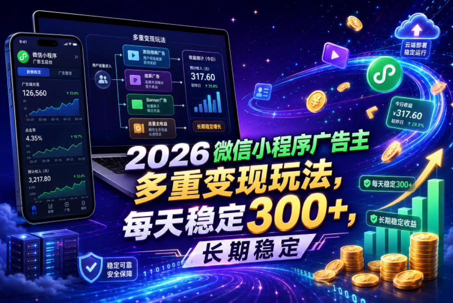 2026微信小程序广告主，多重变现玩法，每天稳定300+，长期稳定【揭秘】-hcnxn
