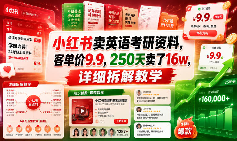 小红书卖英语考研资料，客单价9.9，250天卖了16w，详细拆解教学-hcnxn