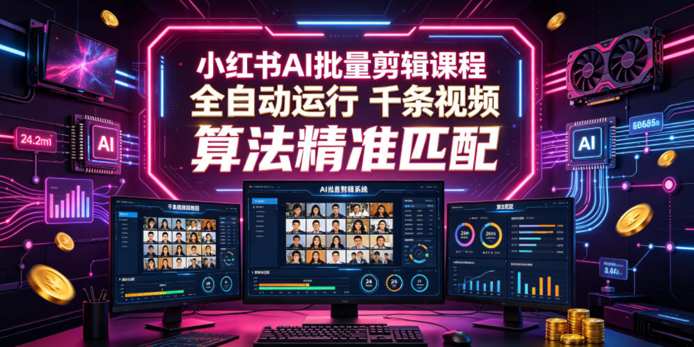 小红书AI批量剪辑课程，24小时全自动运行，解放双手专注运营，千条视频批量处理，小红书算法精准匹配-hcnxn