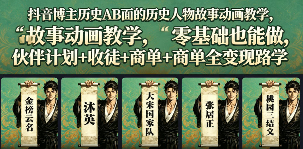 抖音博主历史AB面的历史人物故事动画教学，零基础也能做，伙伴计划+收徒+商单全变现路径教学-hcnxn
