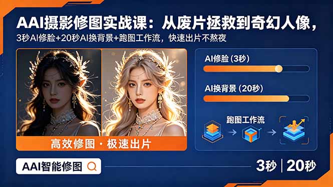 AI摄影修图实战课：从废片拯救 到 奇幻人像，3秒AI修脸+20秒AI换背景+跑图工作流，快速出片不熬夜-hcnxn