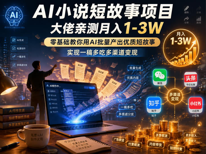 AI小说短故事项目，大佬亲测月入1-3W，零基础教你用AI批量产出优质短故事，实现一稿多吃多渠道变现-hcnxn