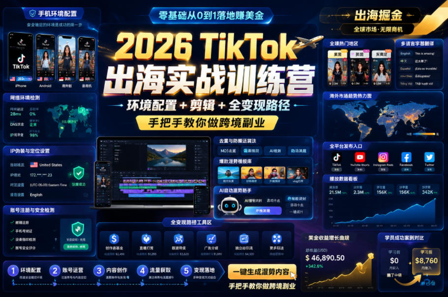 2026 TikTok出海实战训练营，环境配置 + 剪辑 + 全变现路径，手把手教你做跨境副业-hcnxn