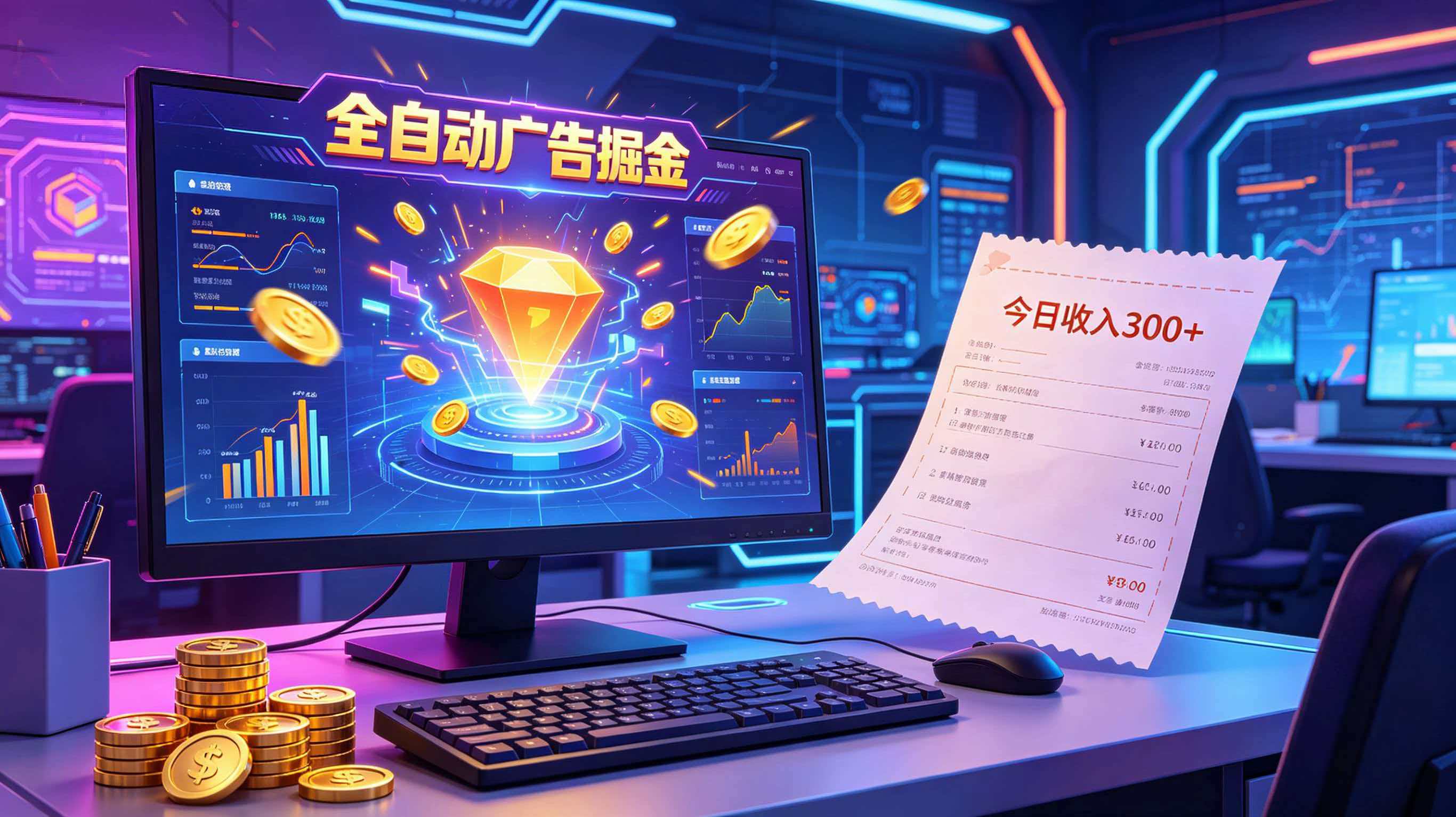 全自动广告掘金，日入300+。全程Ai自动化运行，解放双手，时间自由。收益稳定-hcnxn