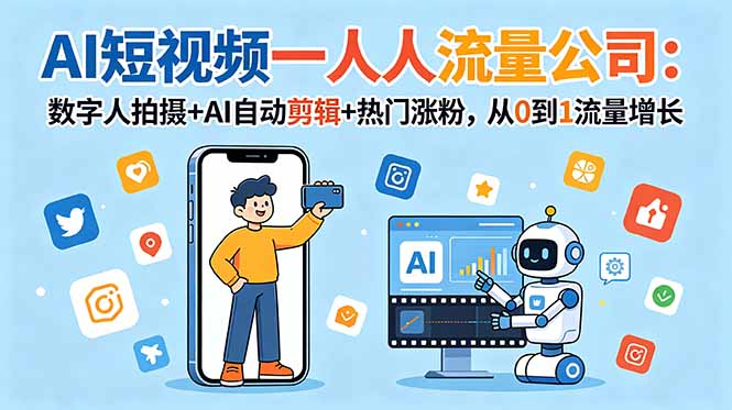AI短视频一人流量公司：数字人拍摄+AI自动剪辑+热门涨粉，从0到1流量增长-hcnxn