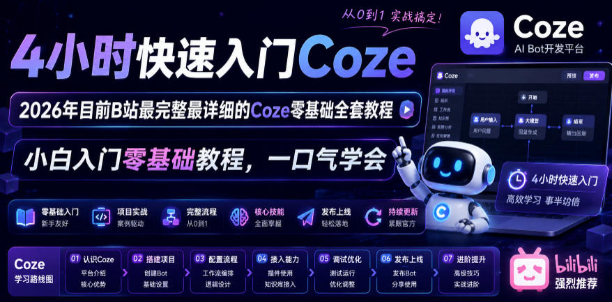 4小时快速入门Coze！2026年目前B站最完整最详细的Coze零基础全套教程，小白入门零基础教程，一口气学会！-hcnxn