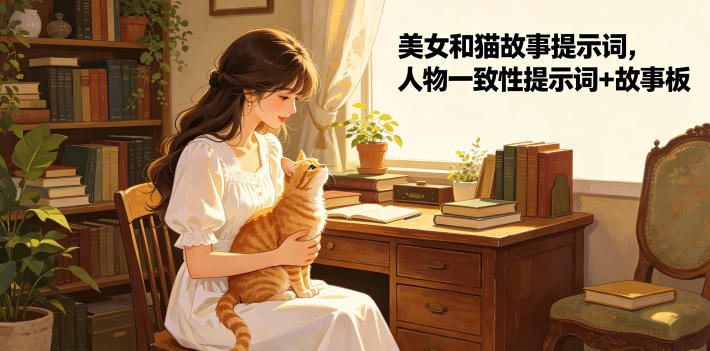 美女和猫故事提示词，人物一致性提示词+故事板-hcnxn