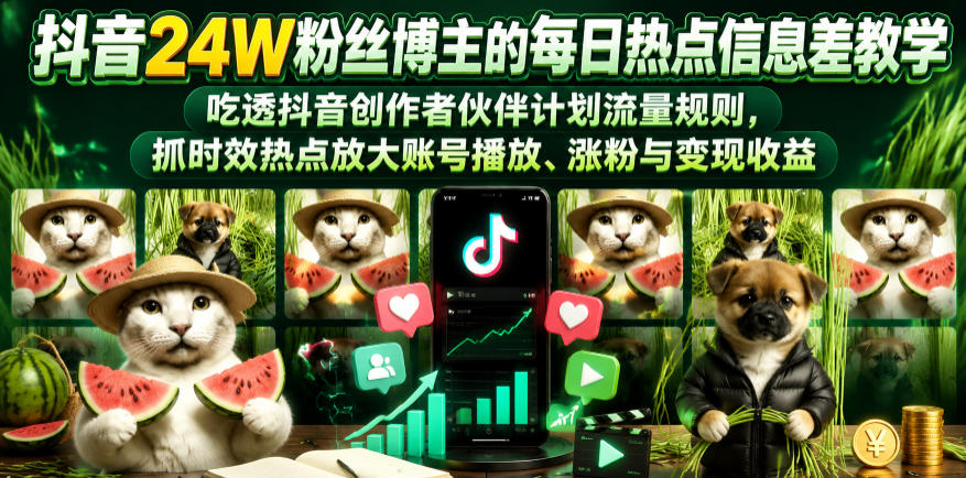 抖音24W粉丝博主的每日热点信息差教学，吃透创作者伙伴计划流量规则，抓时效热点放大账号播放、涨粉与变现收益(更新)-hcnxn