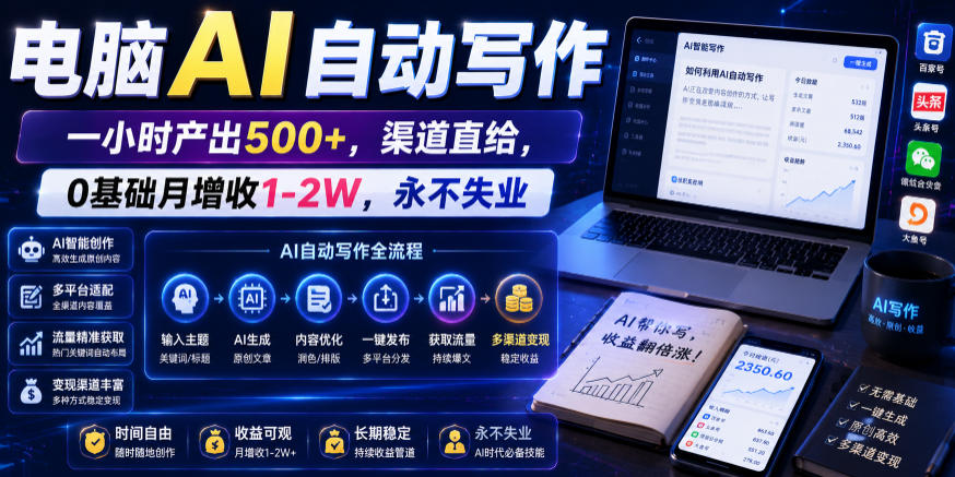电脑AI自动写作，一小时产出500+，渠道直给，0基础月增收1-2W，永不失业【揭秘】-hcnxn