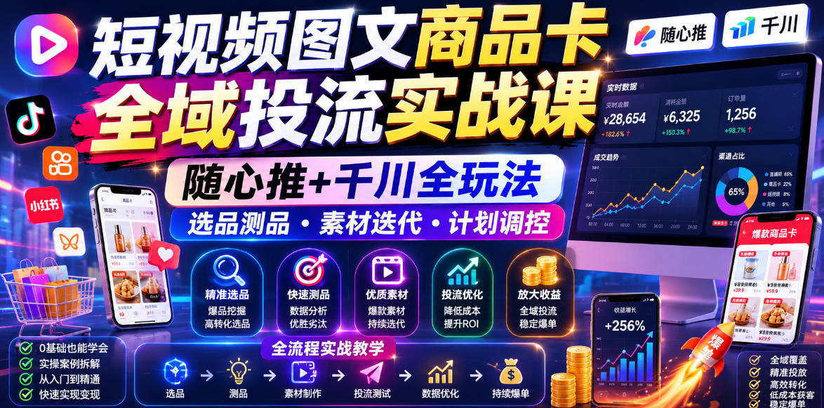 短视频图文商品卡全域投流实战课，随心推+千川全玩法，选品测品・素材迭代・计划调控，提升ROI爆单增收教程-hcnxn
