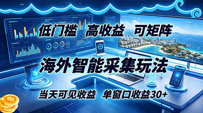 海外智能采集玩法，低门槛高单价可矩阵，当天可见收益，单窗口30+-hcnxn