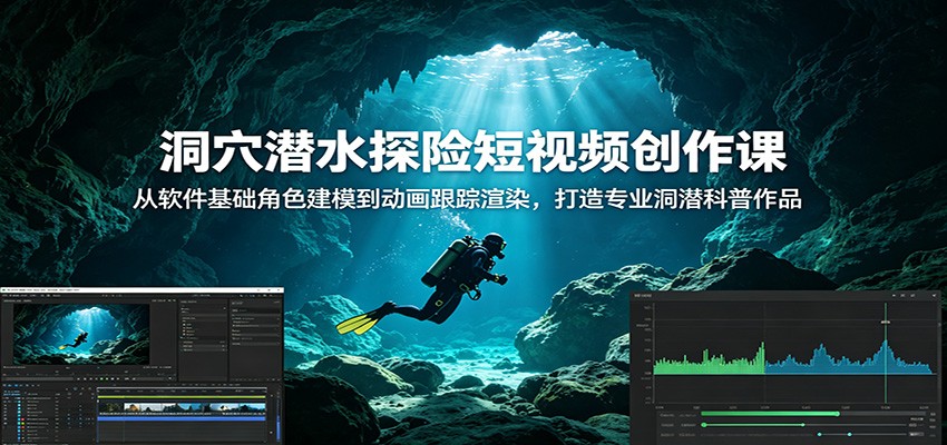 洞穴潜水探险短视频创作课：从软件基础角色建模到动画跟踪渲染，打造专业洞潜科普作品-hcnxn