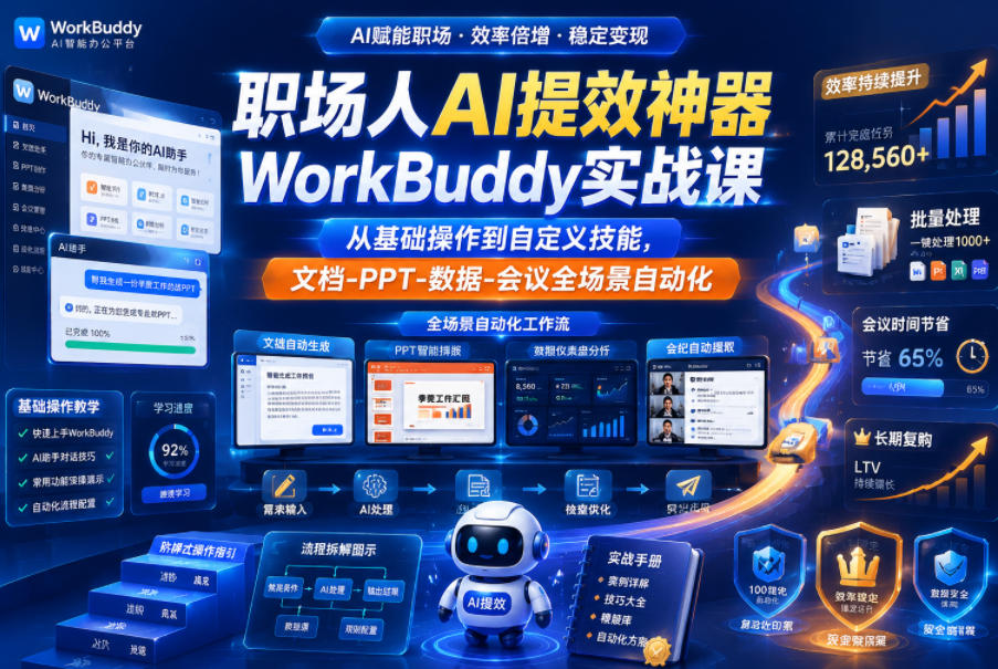 职场人AI提效神器WorkBuddy实战课，从基础操作到自定义技能，文档-PPT-数据-会议全场景自动化-hcnxn