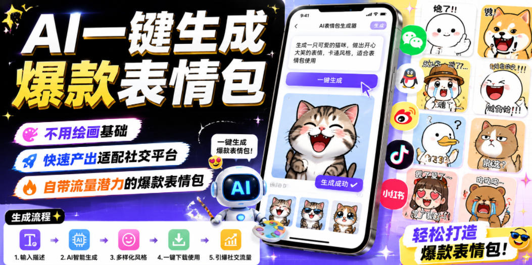 AI一键生成爆款表情包，不用绘画基础，快速产出适配社交平台，自带流量潜力的爆款表情包-hcnxn