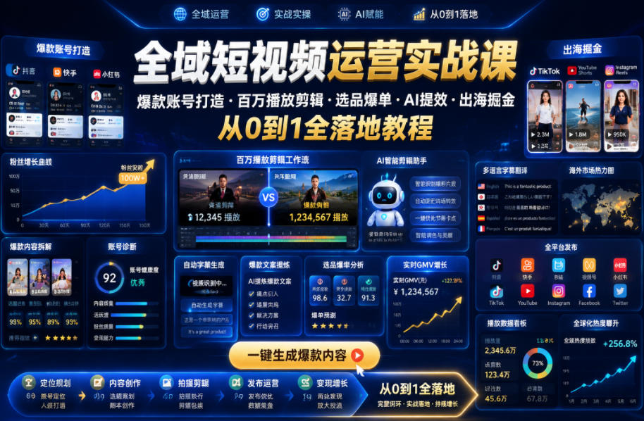 全域短视频运营实战课，爆款账号打造・百万播放剪辑・选品爆单・AI提效・出海掘金，从0到1全落地教程-hcnxn
