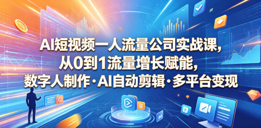 AI短视频一人流量公司实战课，从0到1流量增长赋能，数字人制作・AI自动剪辑・多平台变现，一人做流量生意全落地教程-hcnxn