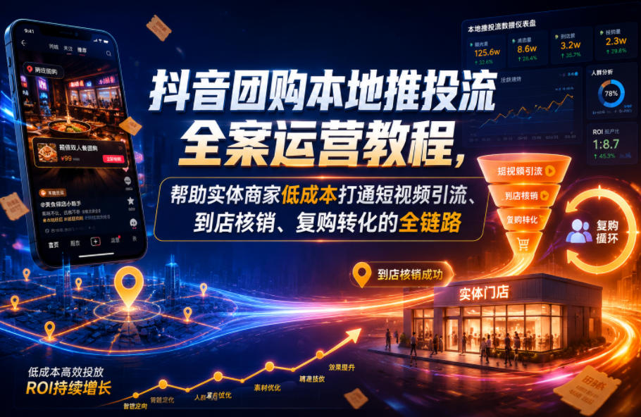 抖音团购本地推投流全案运营教程，帮助实体商家低成本打通短视频引流、到店核销、复购转化的全链路-hcnxn