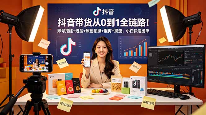 抖音带货从0到1全链路！账号搭建+选品+原创拍摄+混剪+投流，小白快速出单-hcnxn
