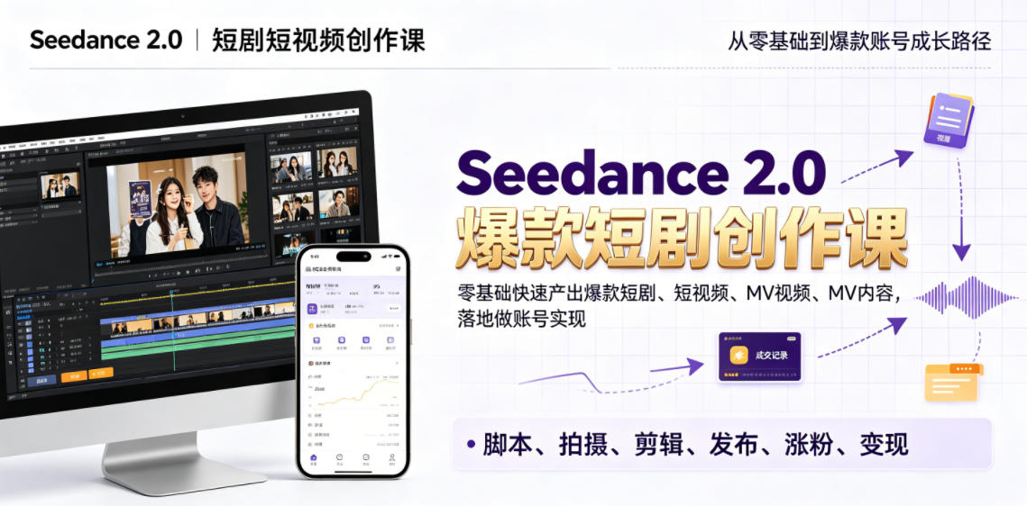 Seedance 2.0短剧短视频创作课，零基础快速产出爆款短剧、短视频、MV内容，落地做账号实现变现-hcnxn