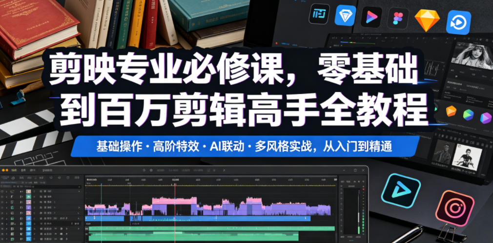 剪映专业必修课，零基础到百万剪辑高手全教程，基础操作・高阶特效・AI联动・多风格实战，从入门到精通-hcnxn