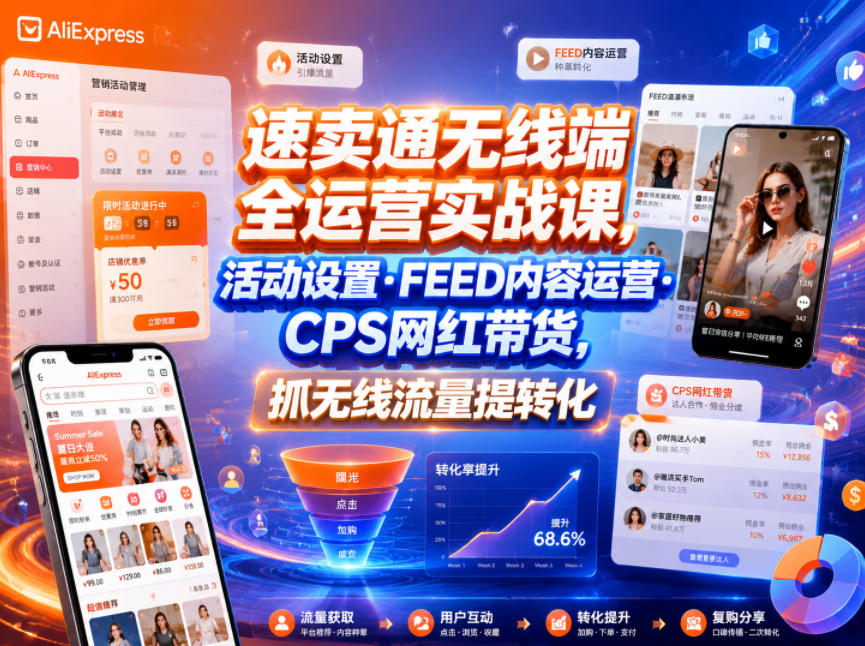 速卖通无线端全运营实战课，活动设置・FEED内容运营・CPS网红带货，抓无线流量提转化-hcnxn