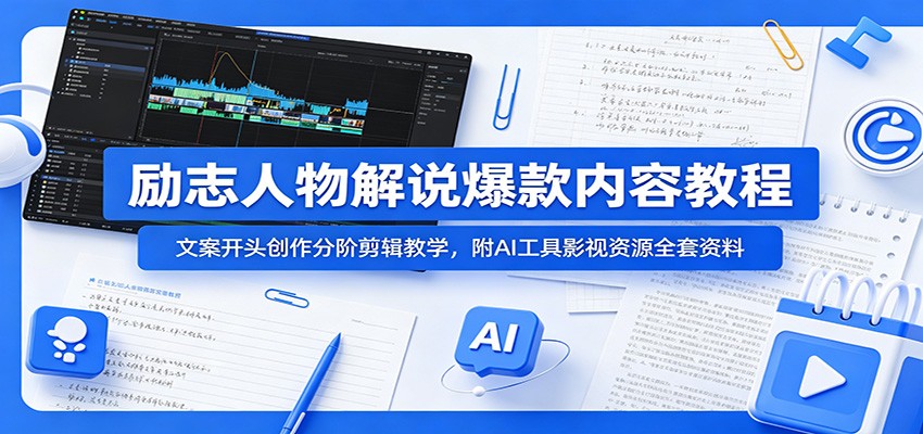 励志人物解说爆款内容教程：文案开头创作分阶剪辑教学，附AI 工具影视资源全套资料-hcnxn