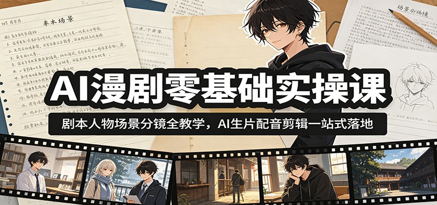 AI漫剧零基础实操课：剧本人物场景分镜全教学，AI生片配音剪辑一站式落地-hcnxn