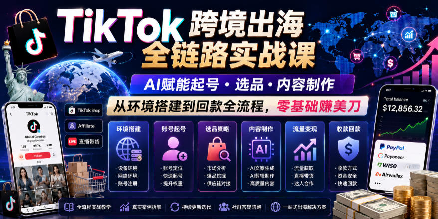 TikTok跨境出海全链路实战课，AI赋能起号・选品・内容制作，从环境搭建到回款全流程，零基础賺美刀-hcnxn