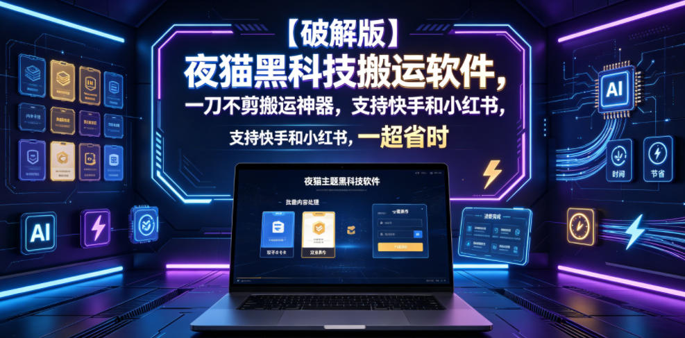 【破解版】夜猫黑科技搬运软件，一刀不剪搬运神器，支持快手和小红书，一键搬运超省时！-hcnxn