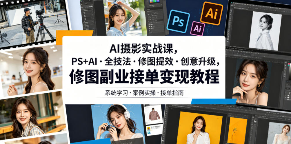 AI摄影实战课，PS+AI・全技法・修图提效・创意升级，修图副业接单变现教程-hcnxn