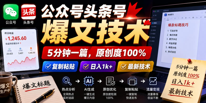 公众号头条号爆文技术，5分钟一篇，原创度100%，复制粘贴，日入1k+，最新技术【揭秘】-hcnxn