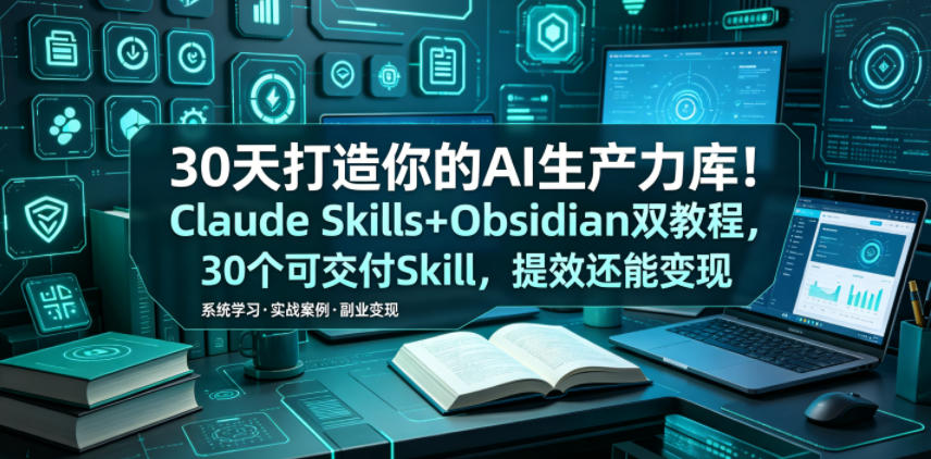 30天打造你的AI生产力库！Claude Skills+Obsidian 双教程，30 个可交付 Skill，提效还能变现-hcnxn