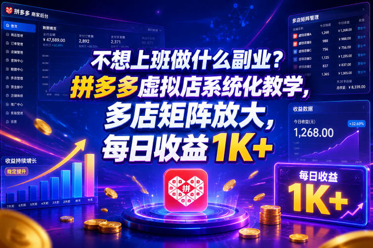 不想上班做什么副业？拼多多虚拟店系统化教学，多店矩阵放大，每日收益1K+【揭秘】-hcnxn