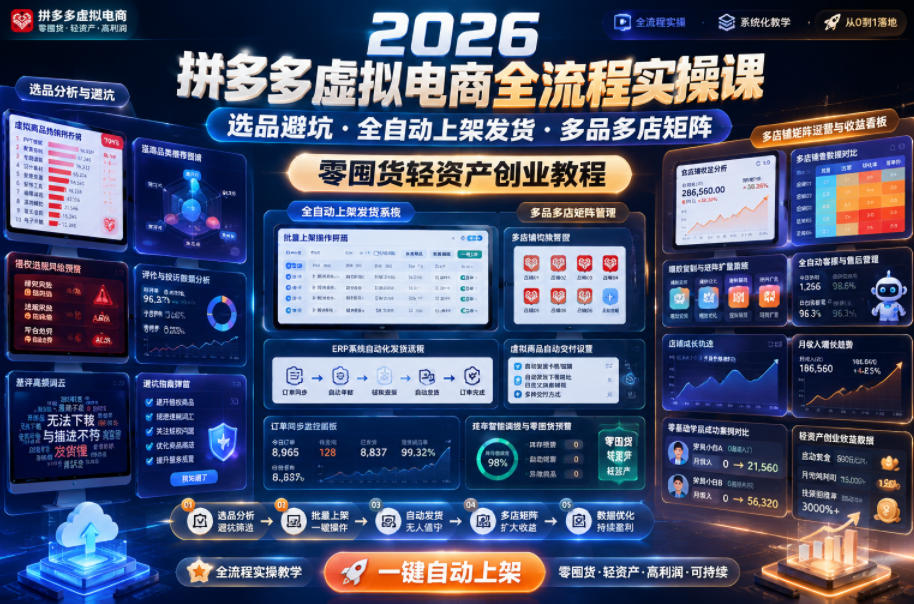 2026拼多多虚拟电商全流程实操课，选品避坑・全自动上架发货・多品多店矩阵，零囤货轻资产创业教程-hcnxn