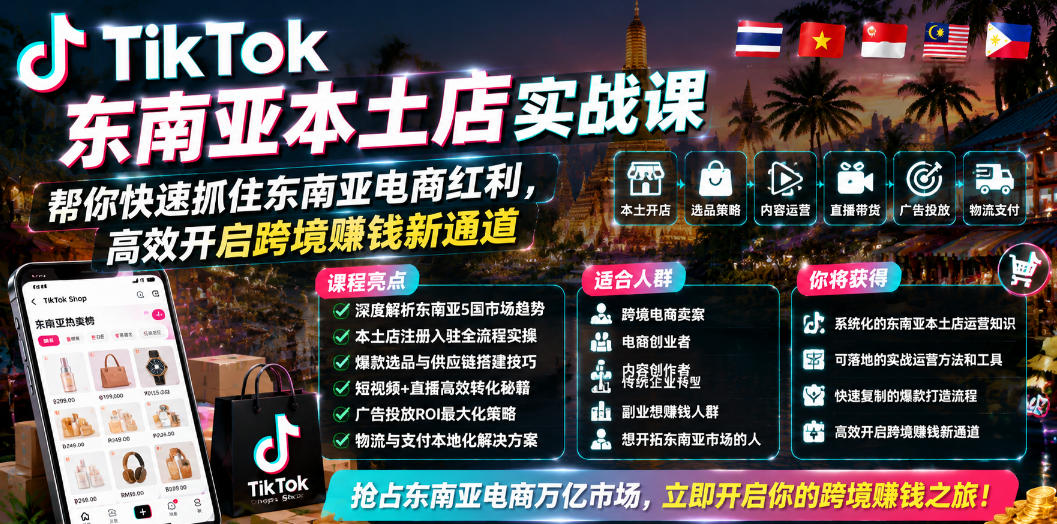 TikTok东南亚本土店实战课，帮你快速抓住东南亚电商红利，高效开启跨境賺钱新通道-hcnxn