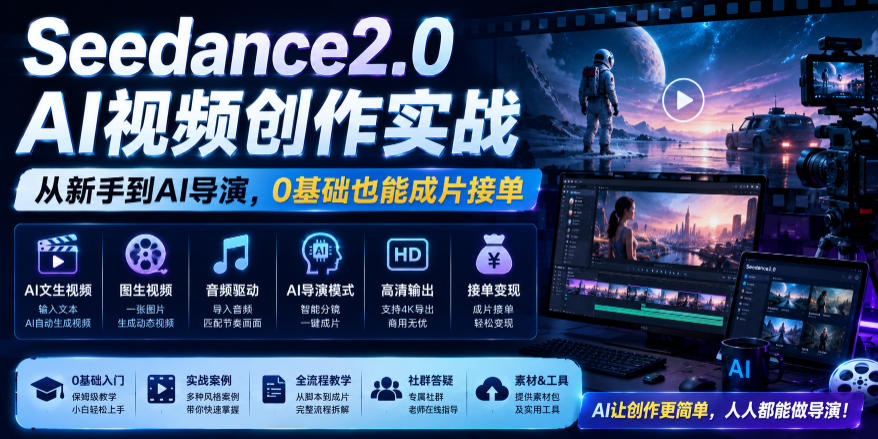 Seedance2.0 AI视频创作实战，从新手到AI导演，0基础也能成片接单变现-hcnxn