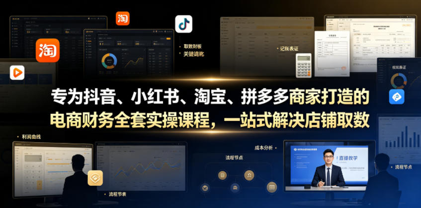 专为抖音、小红书、淘宝、拼多多商家打造的电商财务全套实操课程，一站式解决店铺取数、记账、报税全流程难题-hcnxn