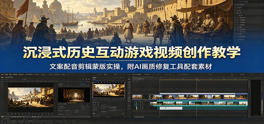 沉浸式历史互动游戏视频创作教学：文案配音剪辑蒙版实操，附AI画质修复工具配套素材-hcnxn