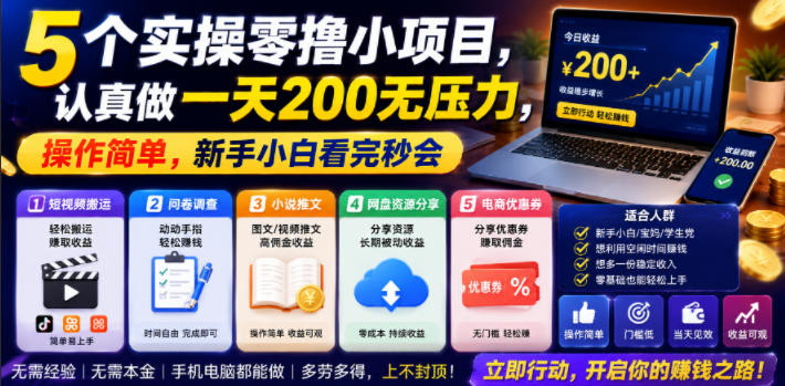 5个实操零撸小项目，认真做一天200无压力，操作简单，新手小白看完秒会【揭秘】-hcnxn